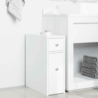 Badkamerkast smal met wielen bewerkt hout wit 3