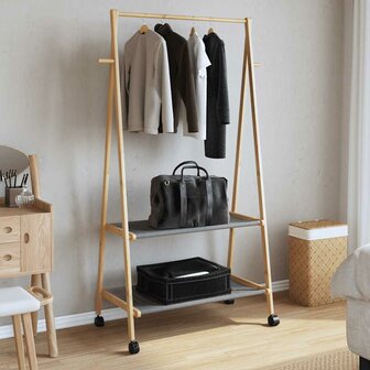 Kledingrek met schappen en wielen 96x45,5x155,5 cm bamboe 3