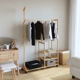 Kledingrek met schappen en wielen 100x38x175,5 cm bamboe 2