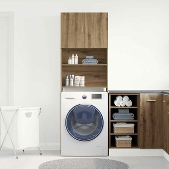 Wasmachinekast 64x24x190 cm bewerkt hout artisanaal eikenkleur 4