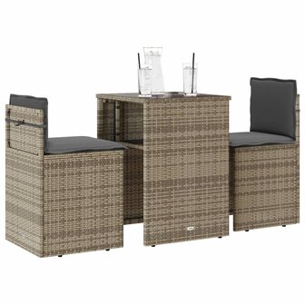 3-delige Bistroset met kussens poly rattan grijs 1