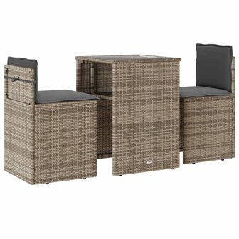 3-delige Bistroset met kussens poly rattan grijs 2