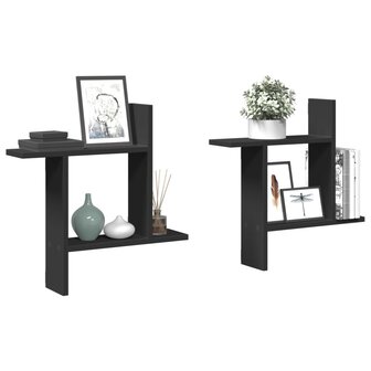 Wandschappen 2 st 50x12x50 cm bewerkt hout zwart 1