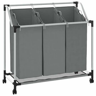 Wasmand met wielen 3 vakken grijs 2