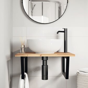 Badkamer wandschap staal en massief acaciahout 3
