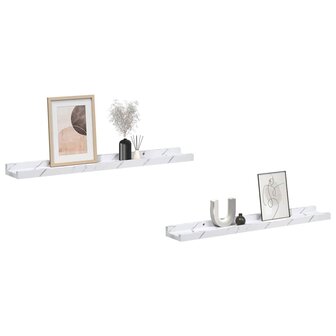 Wandplank met plank 2 pcs Wit Marmer 60 x 9 x 3 cm Bewerkt hout 3