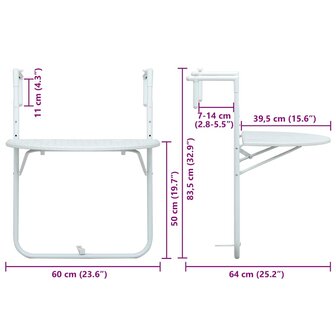 Balkontafel hangend 60x64x83,5 cm rattan-look kunststof wit 9