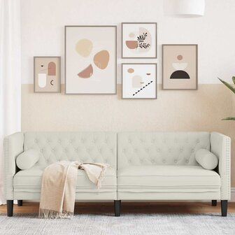 Driezitsbank Chesterfield-stijl met bolsters fluweel cr&egrave;mekleur 1