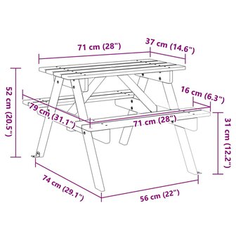 Picknicktafel voor 4 kinderen met parasolgat massief vurenhout 8