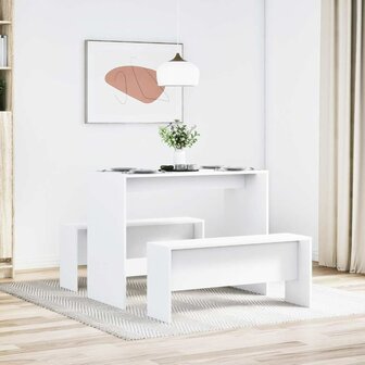 3-delige Eettafel en bankenset bewerkt hout wit 1