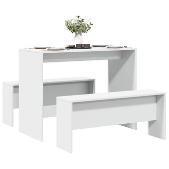 3-delige Eettafel en bankenset bewerkt hout wit 3