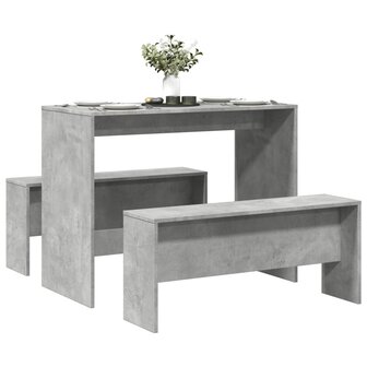 3-delige Eettafel en bankenset bewerkt hout betongrijs 1