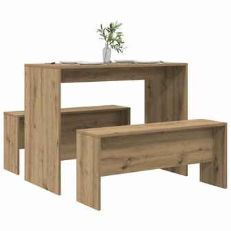 3-delige Eettafel en bankenset bewerkt hout artisanaal eiken 3