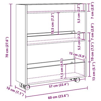 Smalle Opbergtrolley 3 Laden Wit Bewerkt Hout 9