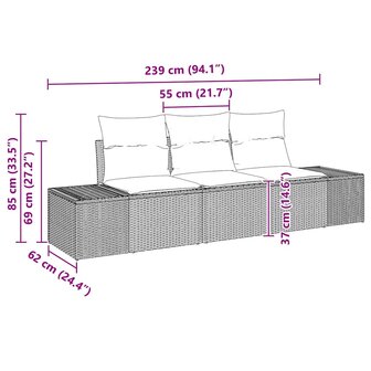 Bankstel met kussen 3 pcs Bruin poly rattan 7
