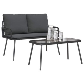 Tuin eettafelset met kussen 2 pcs Zwart poly rattan 3