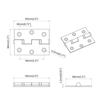 Scharnier 2 pcs Zilver 50 x 38 x 1,3 mm Staal 9