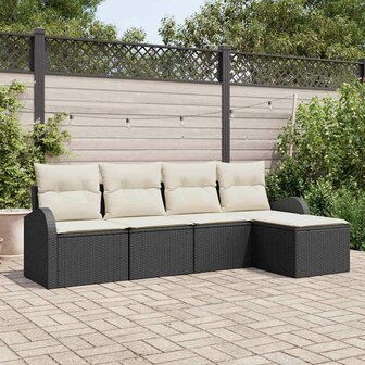 Bankstel met kussen met opslag 5 pcs Zwart en Wit poly rattan 1