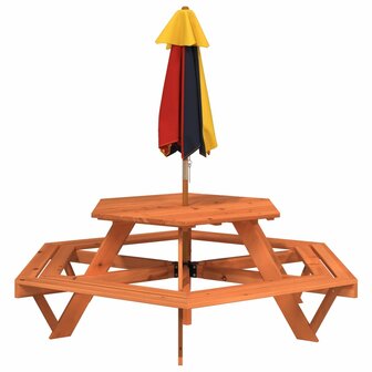 Picknicktafel voor 4 kinderen met parasol zeshoekig vurenhout 6