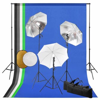 Fotostudioset met lampen, paraplu&amp;apos;s, achtergrond en reflector 1