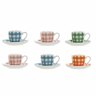 Set van 6 kopjes met schotel Home ESPRIT Blauw Wit Groen Oranje Roze Porselein Strepen Mediterrane 90 ml 1