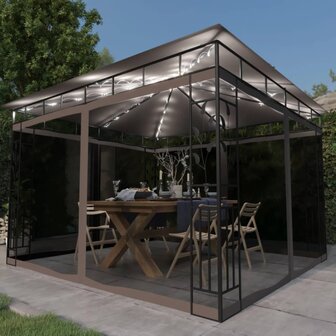 Prieel met klamboe en LED-lichtslinger 3x3x2,73 m taupe 1