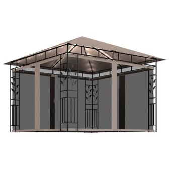 Prieel met klamboe en LED-lichtslinger 3x3x2,73 m taupe 2