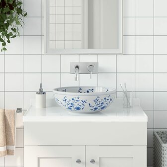 Opzetwasbak rond &Phi;41x14 cm keramiek wit en blauw 1