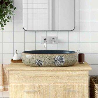 Opzetwasbak ovaal 59x40x14 cm keramiek zandkleurig en blauw 1