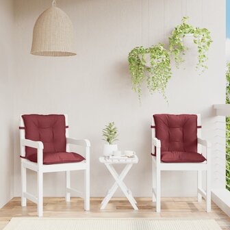 Stoelkussens 2 st lage rug 100x50x7 cm stof gem&ecirc;leerd wijnrood 3