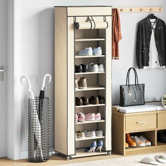 Schoenenkast met hoes 57x29x162 cm stof cr&egrave;me 1