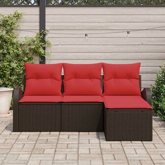 Bankstel met kussen met opslag 4 pcs Bruin en Rood poly rattan 3