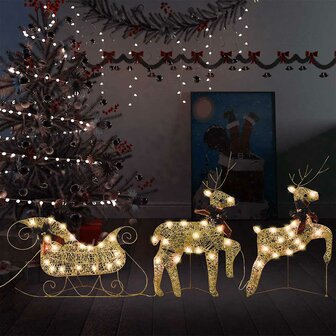 Kerstdecoratie rendieren en slee 60 LED&amp;apos;s goudkleurig  1