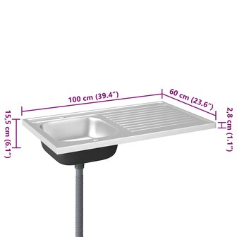 Spoelbak met afvoerset 1000x600x155 mm roestvrij staal zilver 11