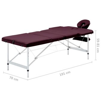 Massagetafel inklapbaar 3 zones aluminum wijnpaars 9