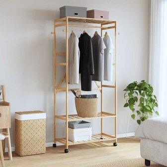 Kledingrek met schappen en wielen 90x40x179,5 cm bamboe 2
