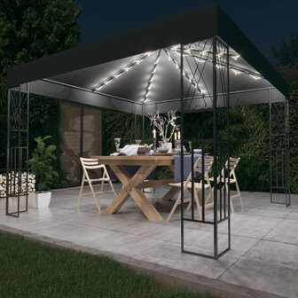 Prieel met LED-lichtslinger 3x3 m stof antracietkleurig 1