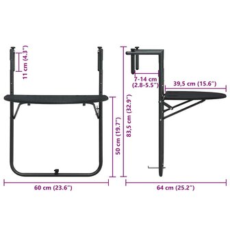Balkontafel hangend 60x64x83,5 cm rattan-look kunststof zwart 9