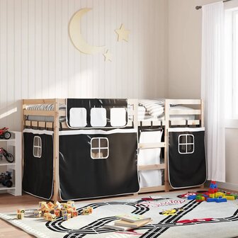 Stapelbed met gordijnen 90x190 cm grenenhout wit en zwart 1