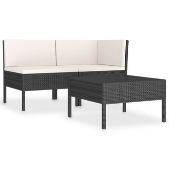3-delige Loungeset met kussens poly rattan zwart 2