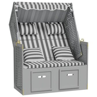 Strandstoel met kussens poly rattan en massief hout grijs wit 3