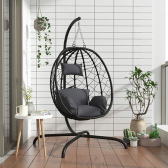 Egg hangstoel met Kussen Antraciet Poly Rattan &amp; Staal 1