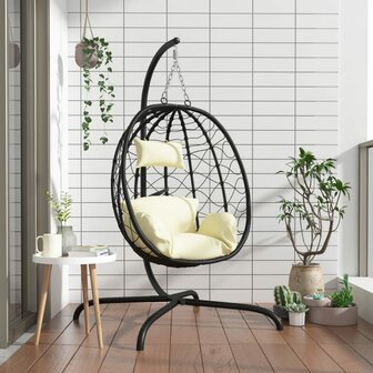 Egg hangstoel met Kussen Cr&amp;egrave;mewit Poly Rattan &amp; Staal 1