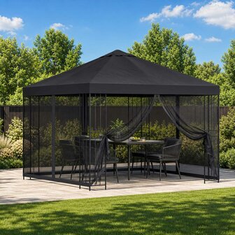 Tuin Gazebo met Zijwanden 3 x 3 m Zwart Polyester en staal 1
