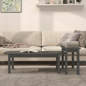 2-delige Salontafelset massief grenenhout grijs 3