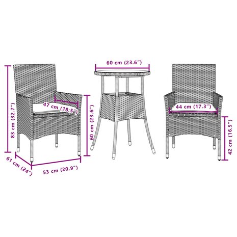 3-delige Tuinset met kussens poly rattan en acaciahout zwart 7