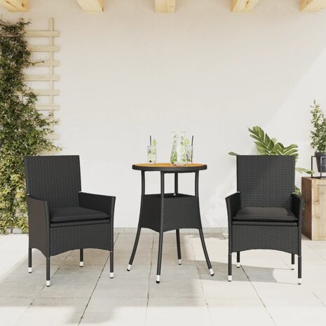 3-delige Tuinset met kussens poly rattan en acaciahout zwart 1