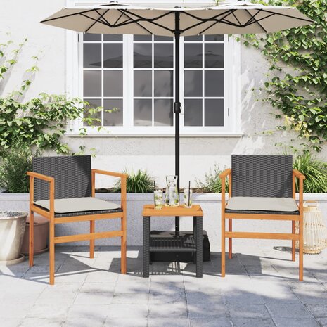 Tuinstoelen 2 st met kussens poly rattan en massief hout zwart 3