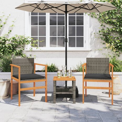 Tuinstoelen 2 st met kussens poly rattan en massief hout grijs 3