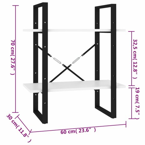Boekenkast met 2 schappen 60x30x70 cm bewerkt hout wit 7